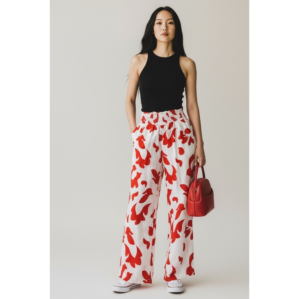Vigoss Wide Leg Pants Red L Womens Smocked Waist‎ Abstract Floral Print Casual